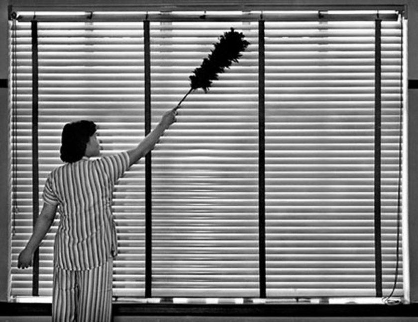 Cleaning woman dusting venetian blinds