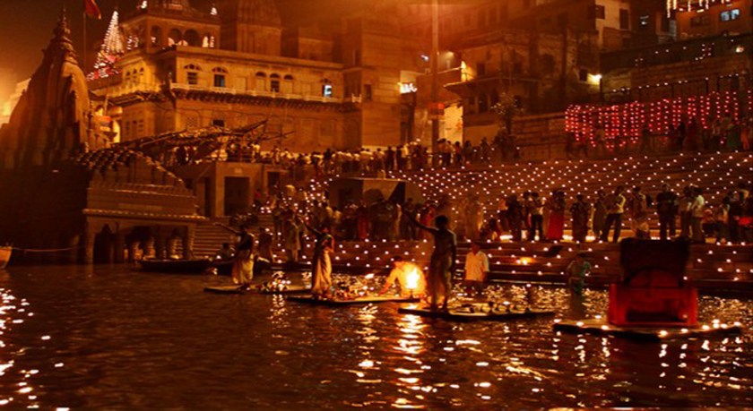 Candles lit on Ganges during Diwali