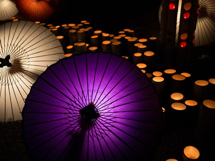 Japanese umbrellas and lanterns at night